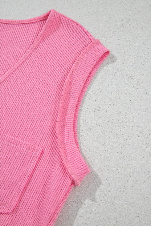 Bright Pink Waffle Textured Button Round Neck A-line Tiered Sleeveless Dress